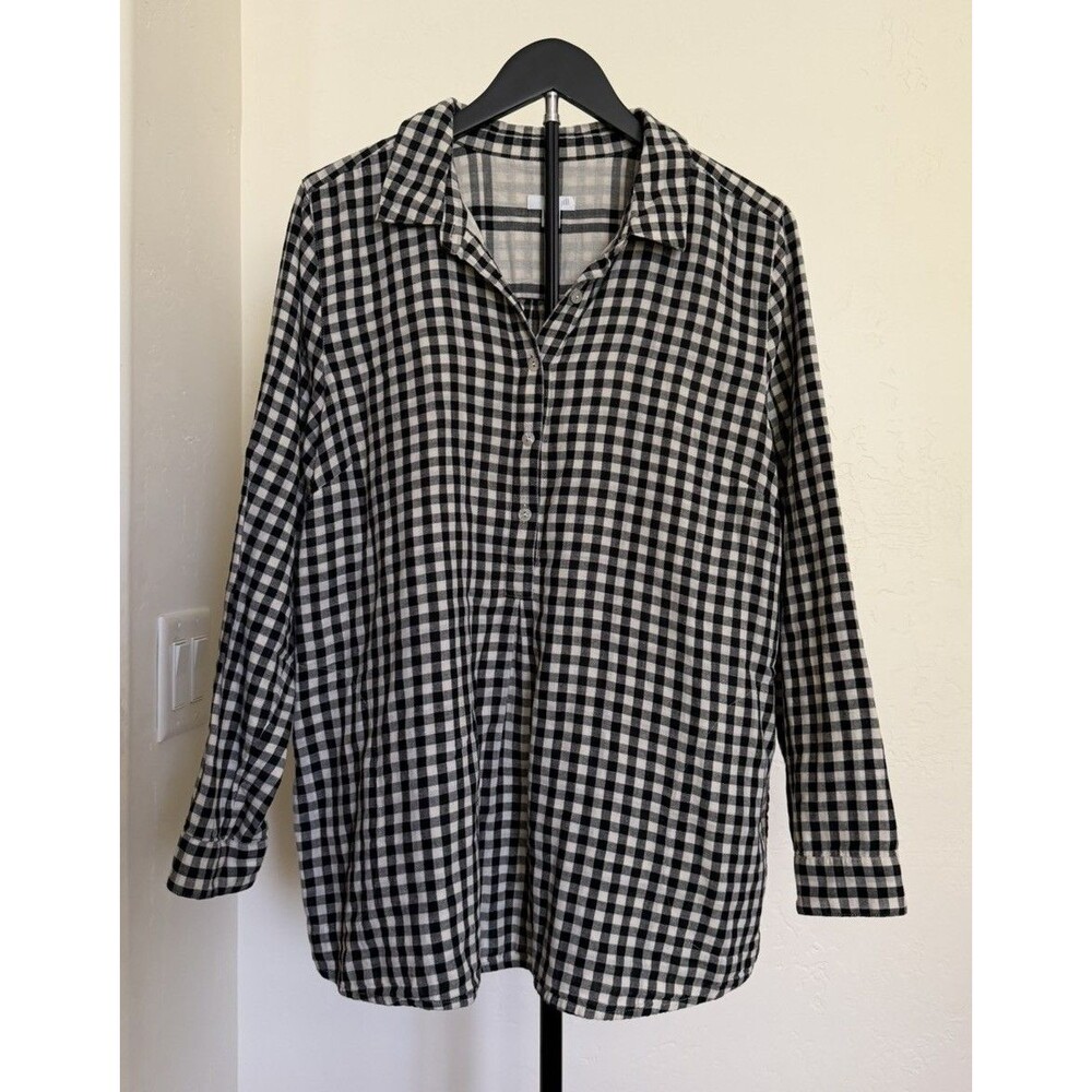 J Jill Cotton Gingham Double Cloth Top Button Up Shirt L Petite Black White